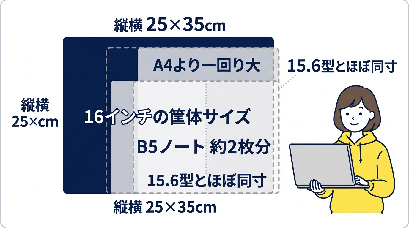 パソコン16インチの大きさを身近なものと比較！