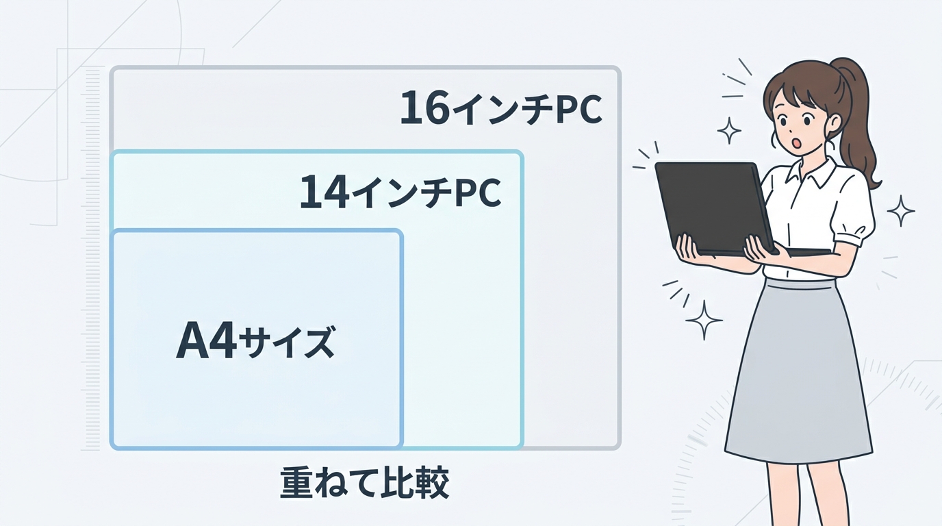 A4サイズや14インチ・16インチと大きさを比較