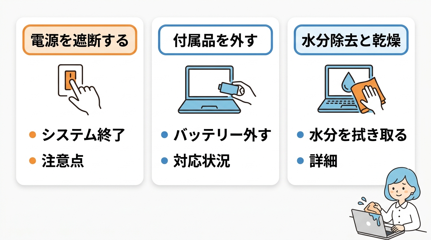 パソコンに水をこぼしたら動く?まずやるべき3ステップ