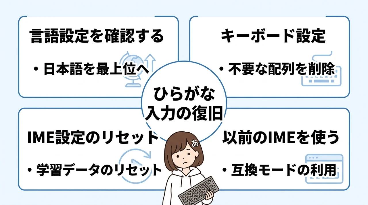 Windowsの設定でひらがな入力を復旧する手順