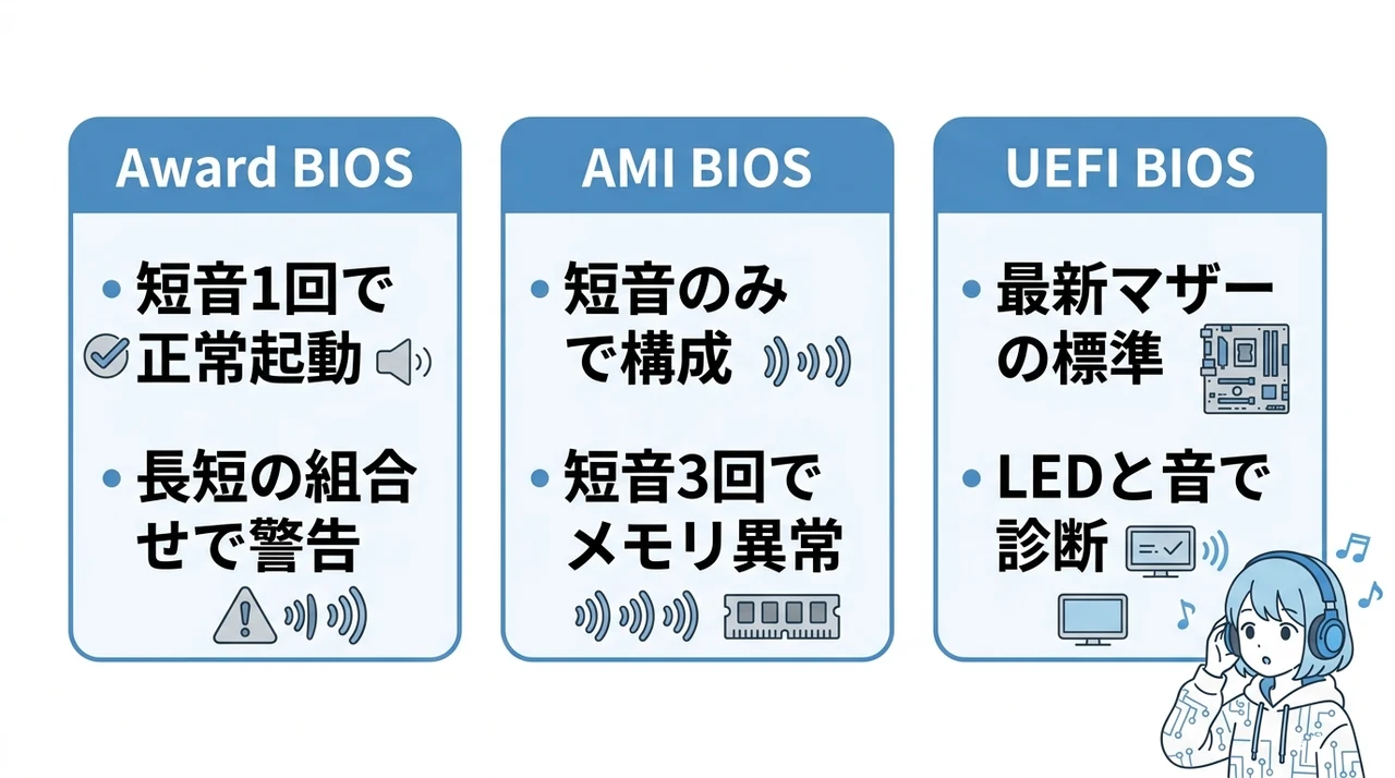 主要3種類のBIOS別ビープ音パターン
