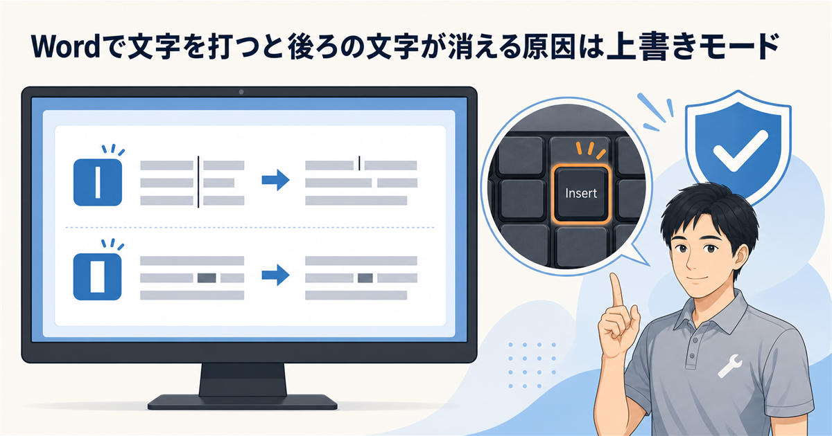 Wordで文字を打つと後ろの文字が消える原因は上書きモード