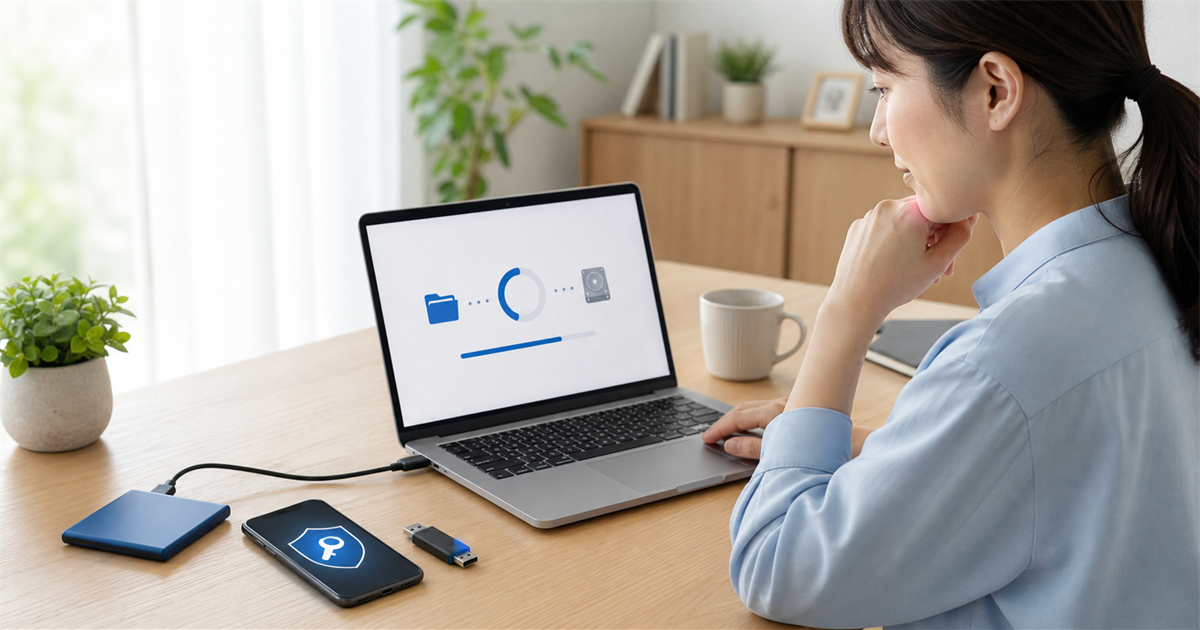 Windows 11のリセットや再インストール前に外付けSSDへバックアップして回復キーを確認する様子