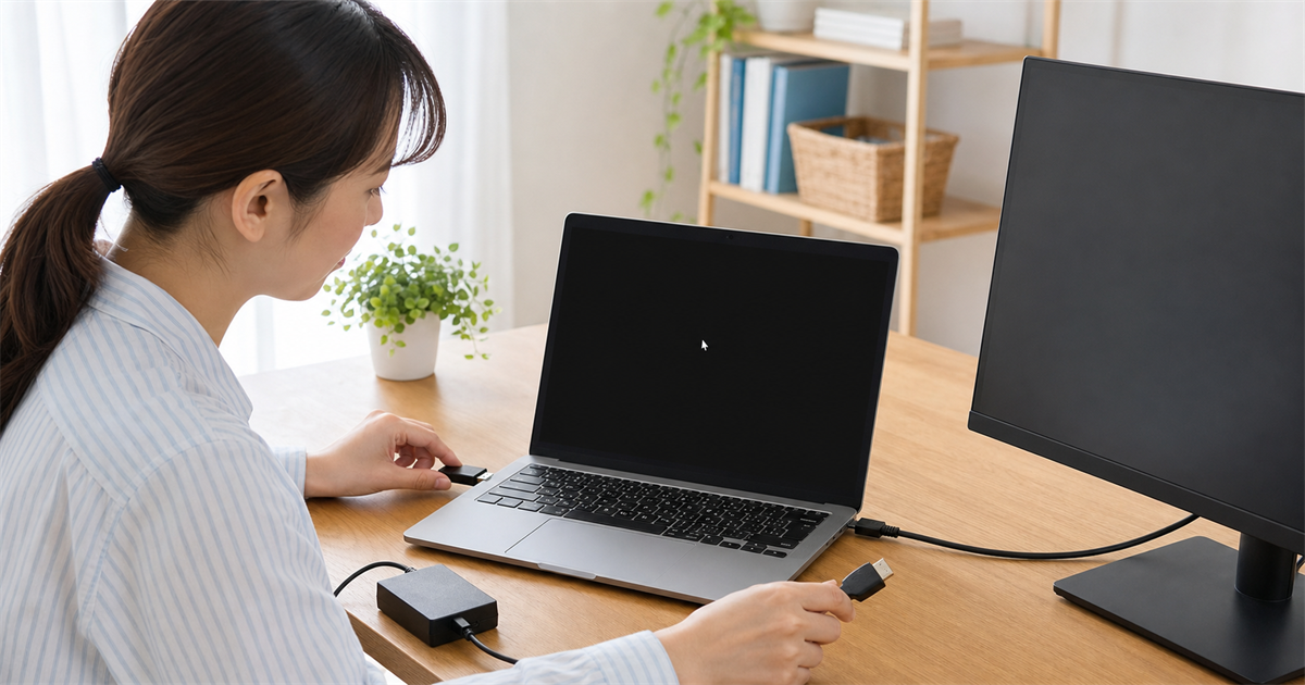 黒い画面にカーソルだけ表示されたノートパソコンで周辺機器と画面出力を確認する様子
