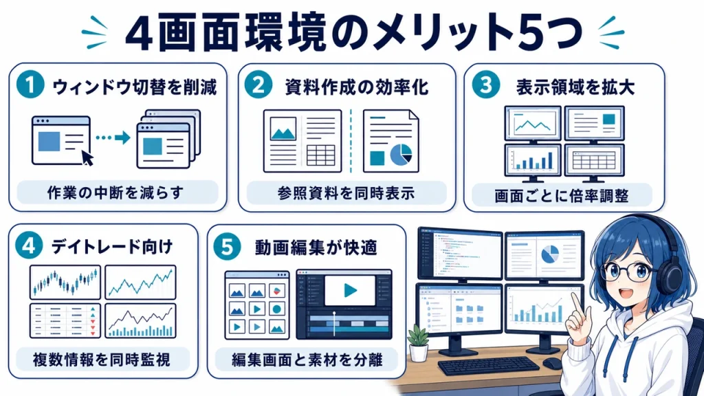 パソコンを4画面にするメリット5つ