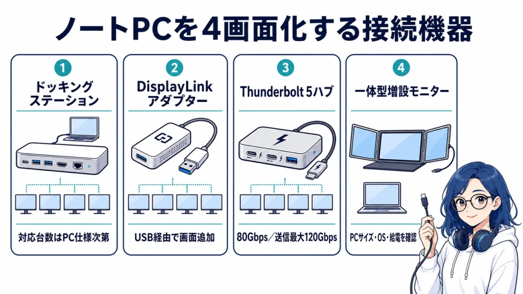 ノートパソコンの4画面化に使える接続機器4つ
