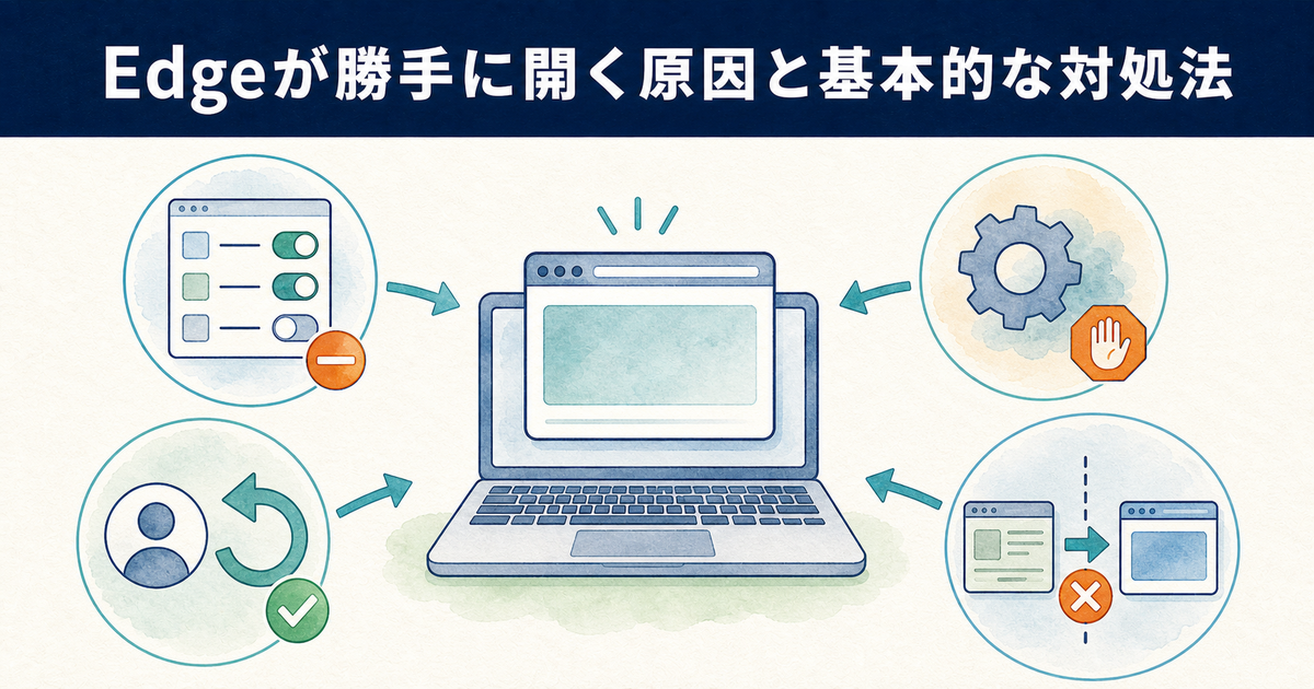 Edgeが勝手に開く4つの主な原因と基本的な対処法を示す図解