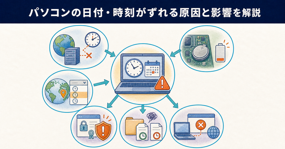 パソコンの日付と時刻がずれる原因と起こり得る影響を示す図解