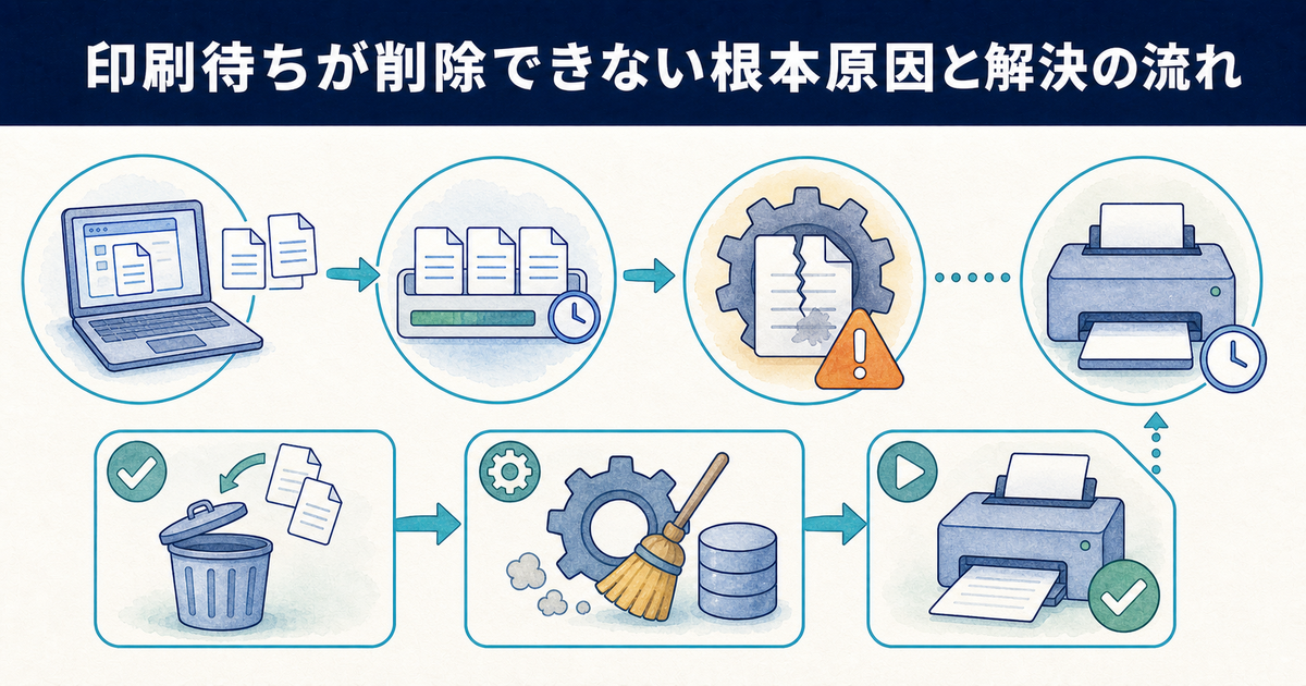 印刷待ちが削除できない根本原因と解決までの流れを示す図解