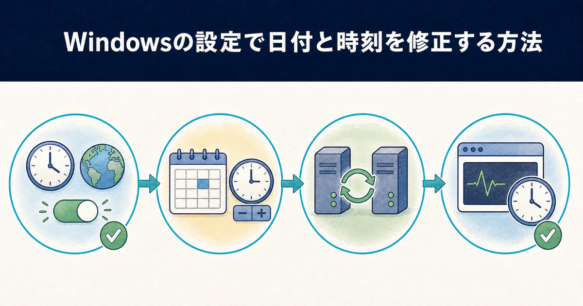Windowsの設定で日付と時刻を自動・手動で修正する4つの手順の図解