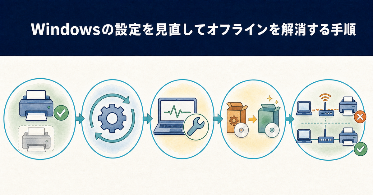 Windowsのプリンター設定を見直してオフラインを解消する5つの手順の図解