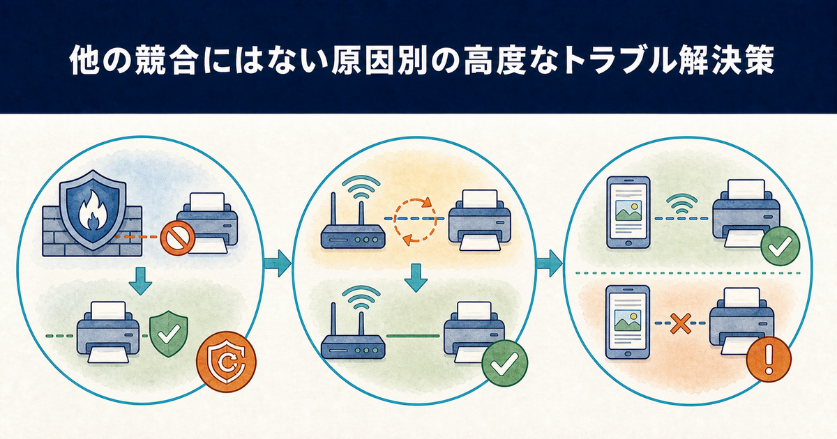 セキュリティ・IPアドレス・スマホ印刷でプリンターのオフライン原因を切り分ける図解