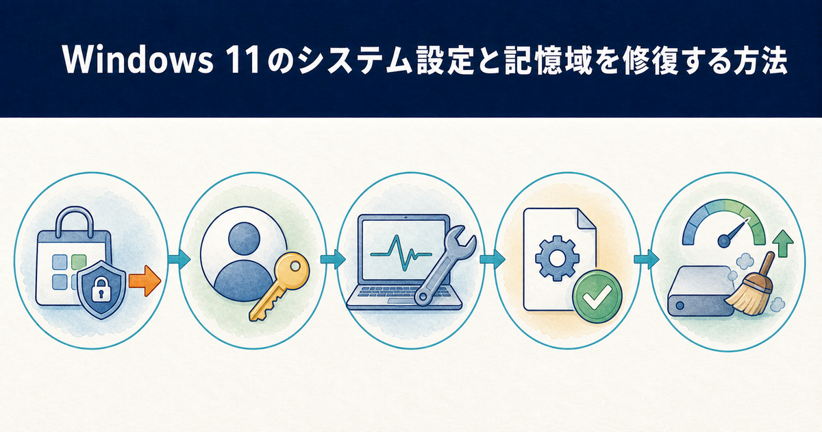 Windows 11のシステム設定と記憶域を修復する5つの手順の図解