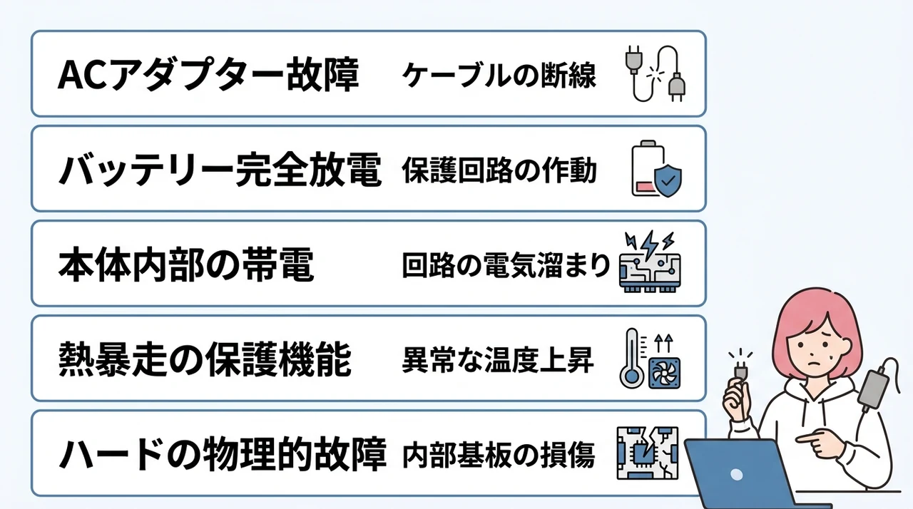 ノートパソコンの電源が入らず充電ランプがつかない原因の全体像